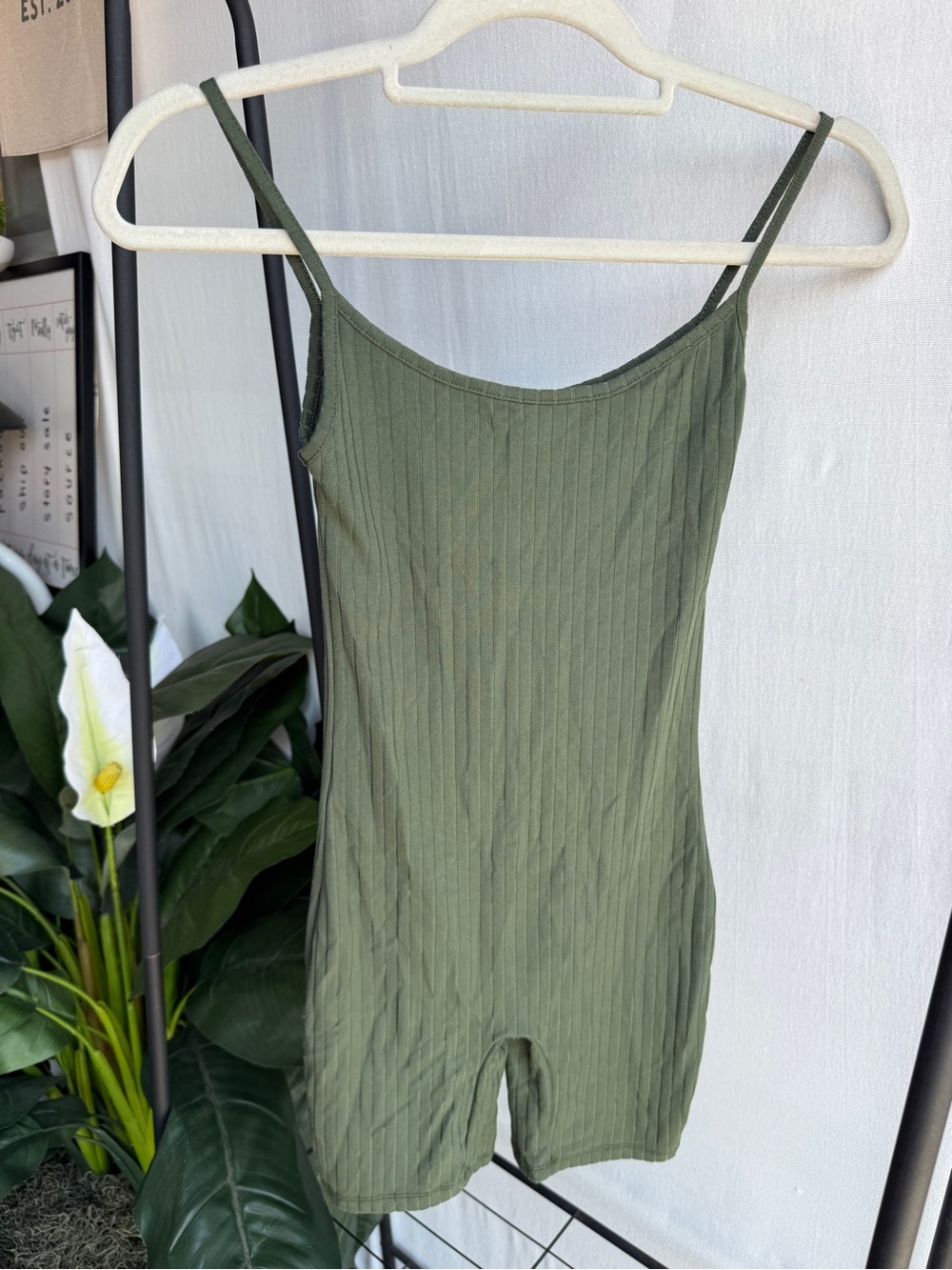 Capella Lightweight Olive Green Ribbed Tank One Piece Bodycon Romper / Size S